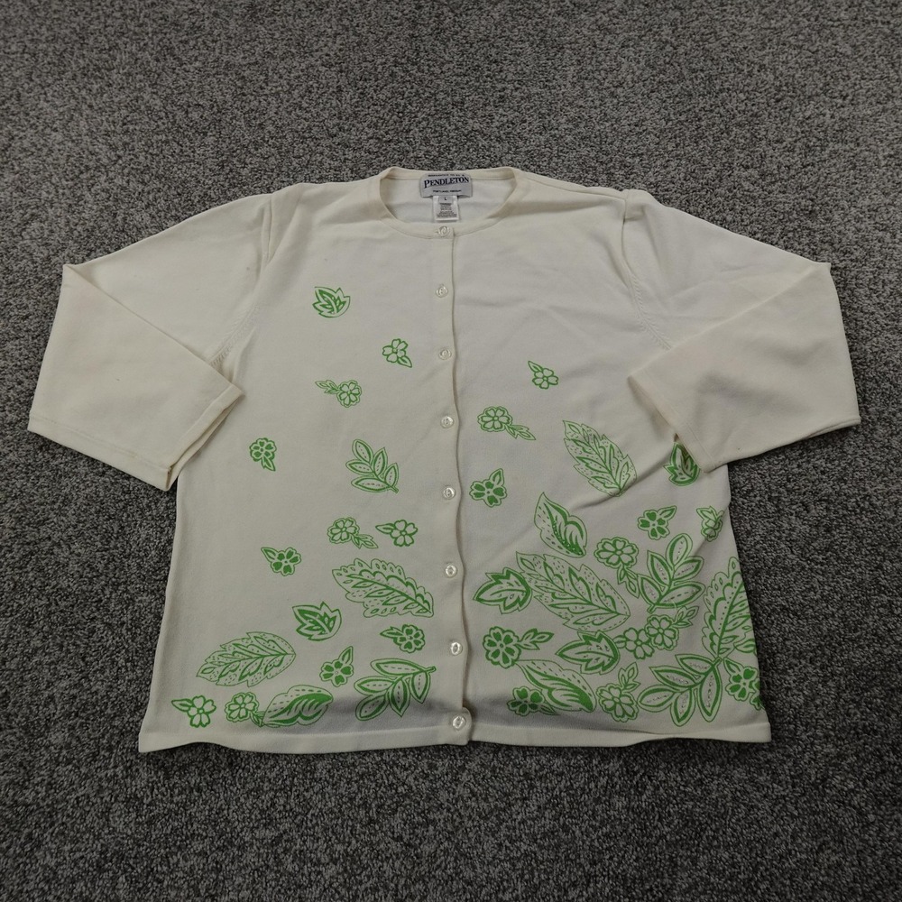 VTG Pendleton Sweater Womens L White Green Floral Leaf‎ Button Cardigan Jacket
